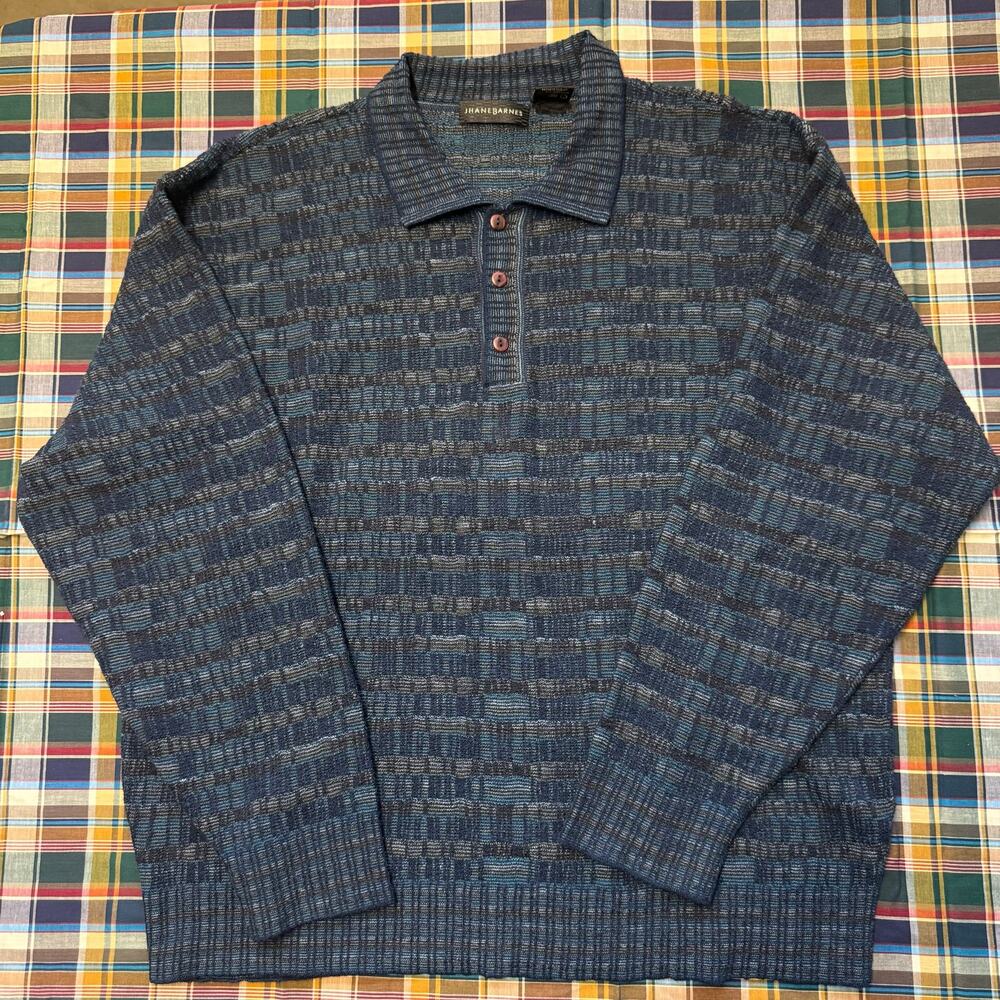 VTG Jhane Barnes polo sweater mens wool collared long sleeve size XL ABSTRACT